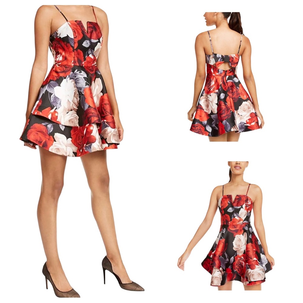 Trixxi Bow Back Rose Print Fit & Flare Sleeveless Cocktail Party Prom Dress